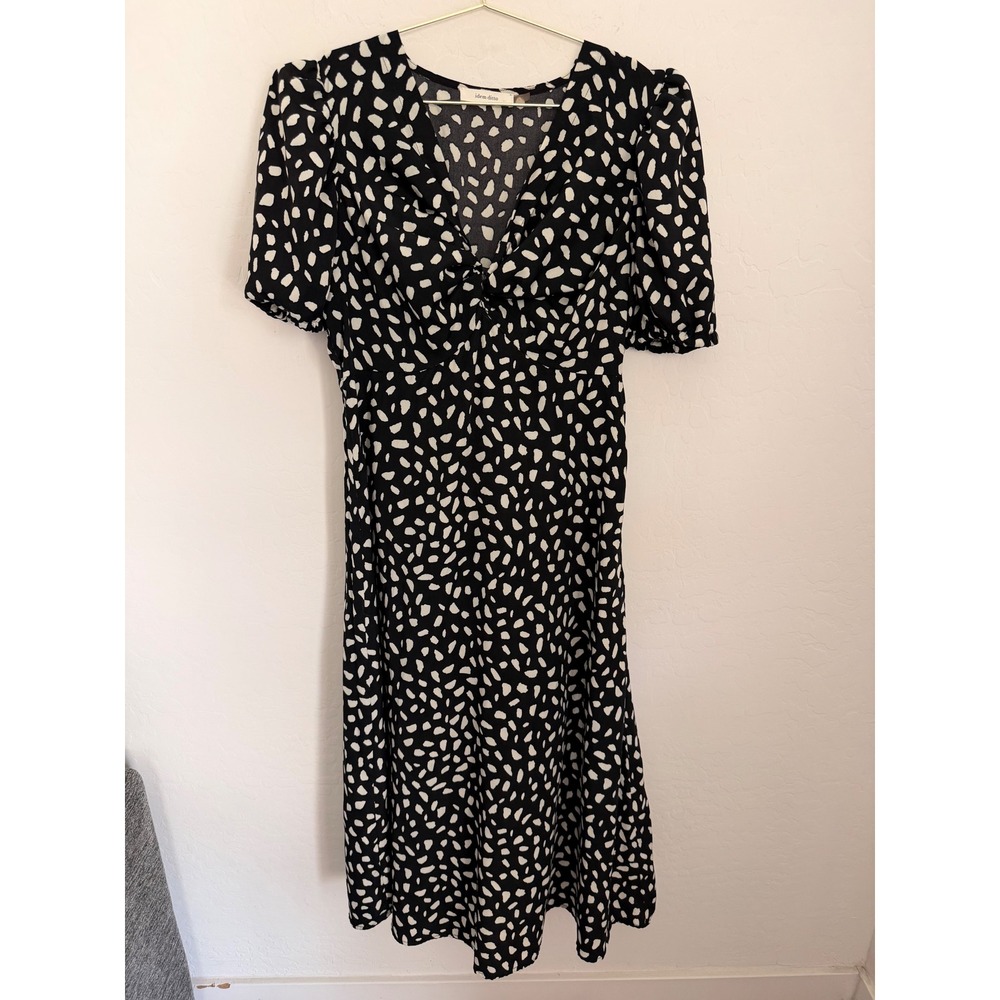 idem ditto Womens Black White Abstract Dot Puff Sleeve V-Neck Midi Dress Sz L